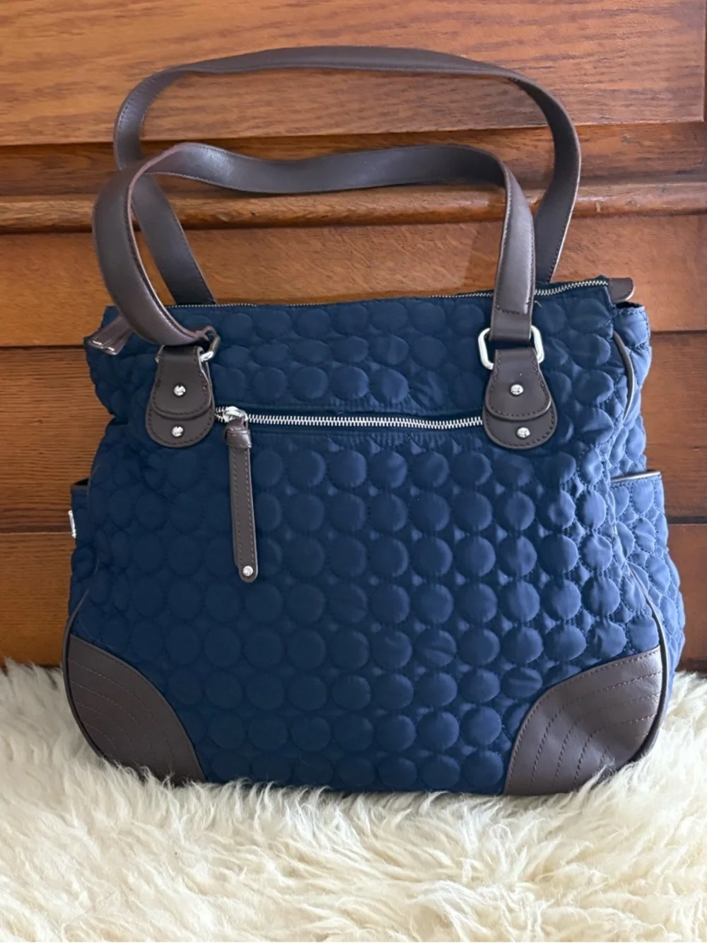 Vera Bradley ‘Wildwood Park’ Navy Quilted Tote with Brown Trim